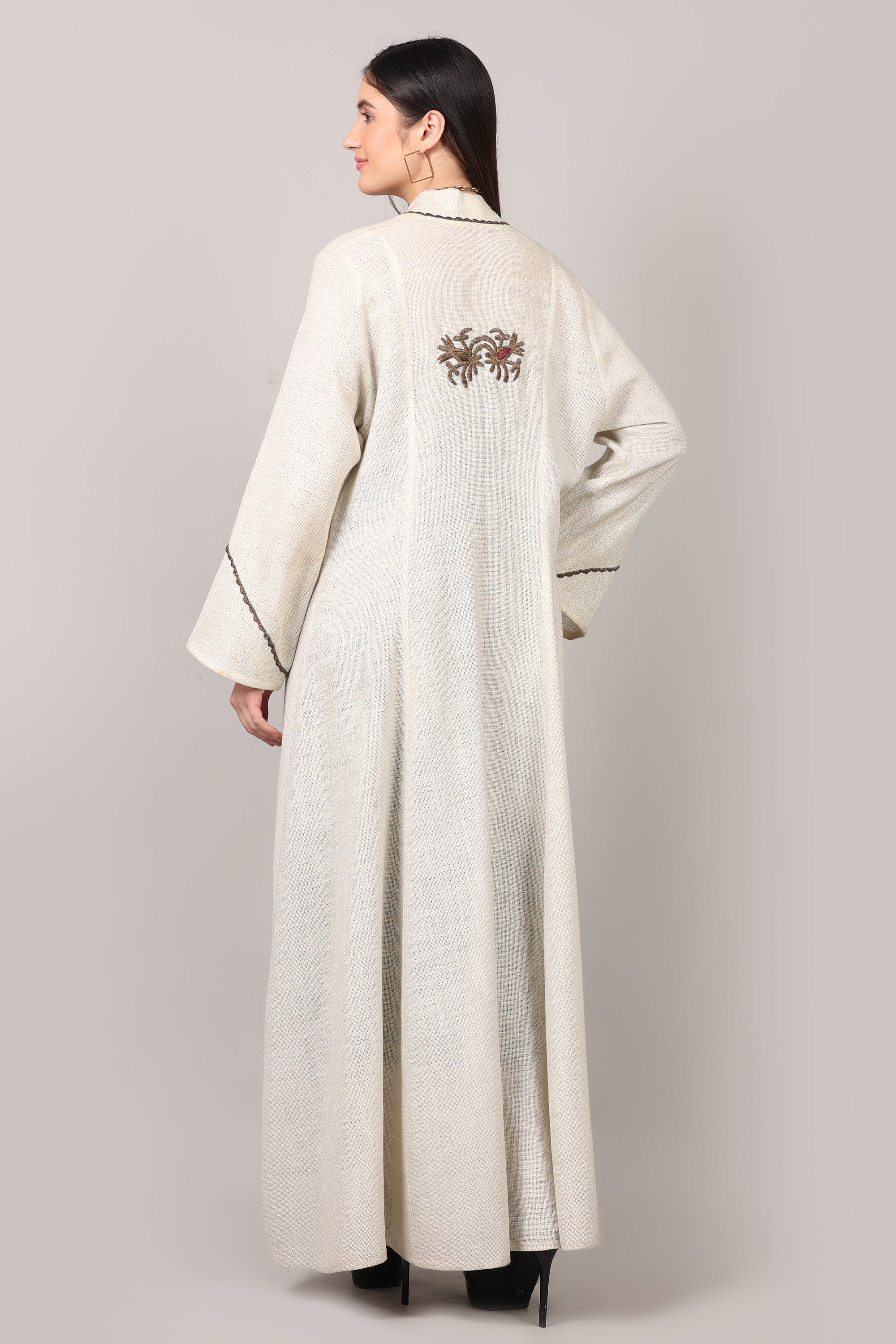 Ivory Elegance Cotton Embroidered Long Shrug