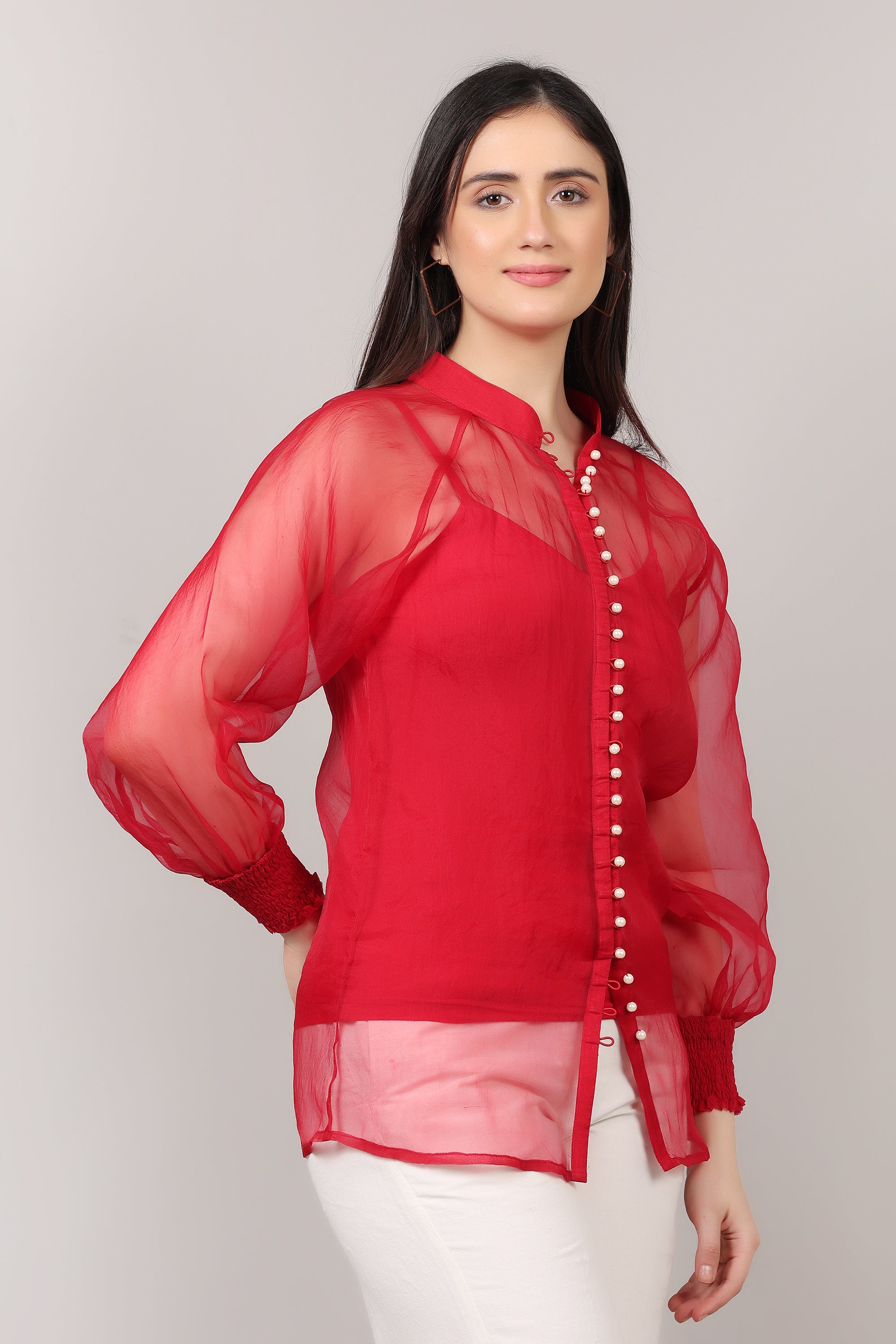 Red Silk Organza Pearl Button Shirt with Lycra Cami
