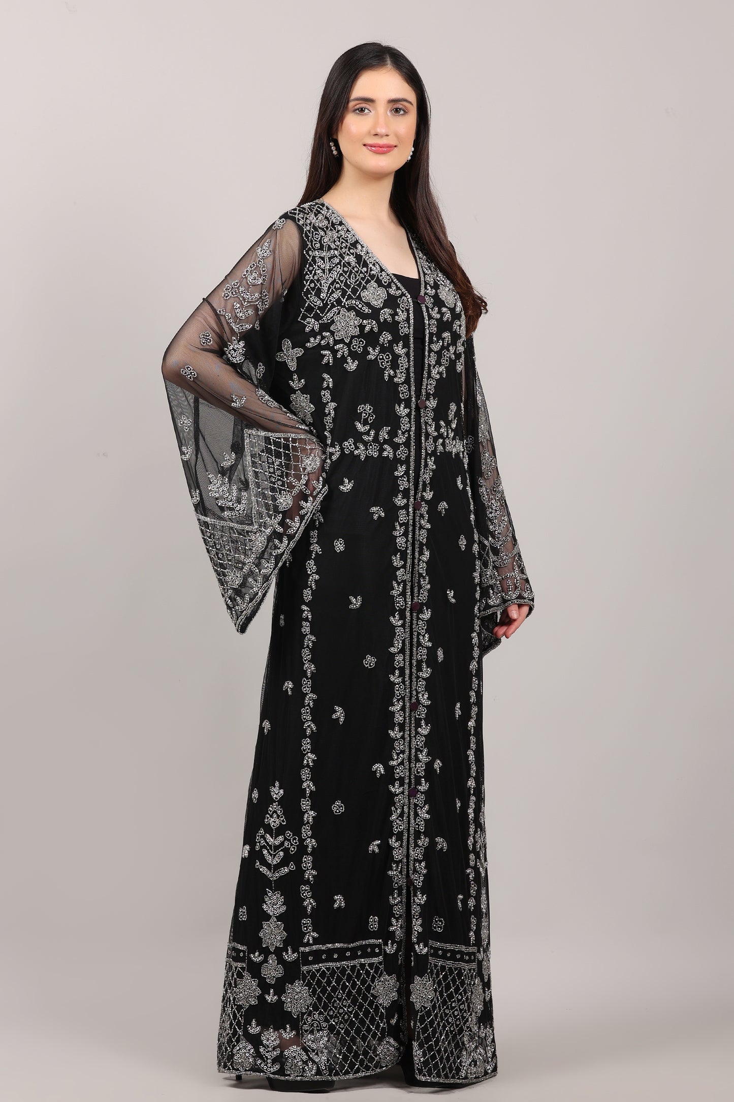 Black Hand-Embroidered Net Couture Kaftan with Bell Sleeves