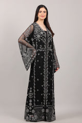 Black Hand-Embroidered Net Couture Kaftan with Bell Sleeves