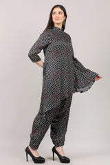 Black Printed Modal Satin Asymmetrical Co-Ord Set