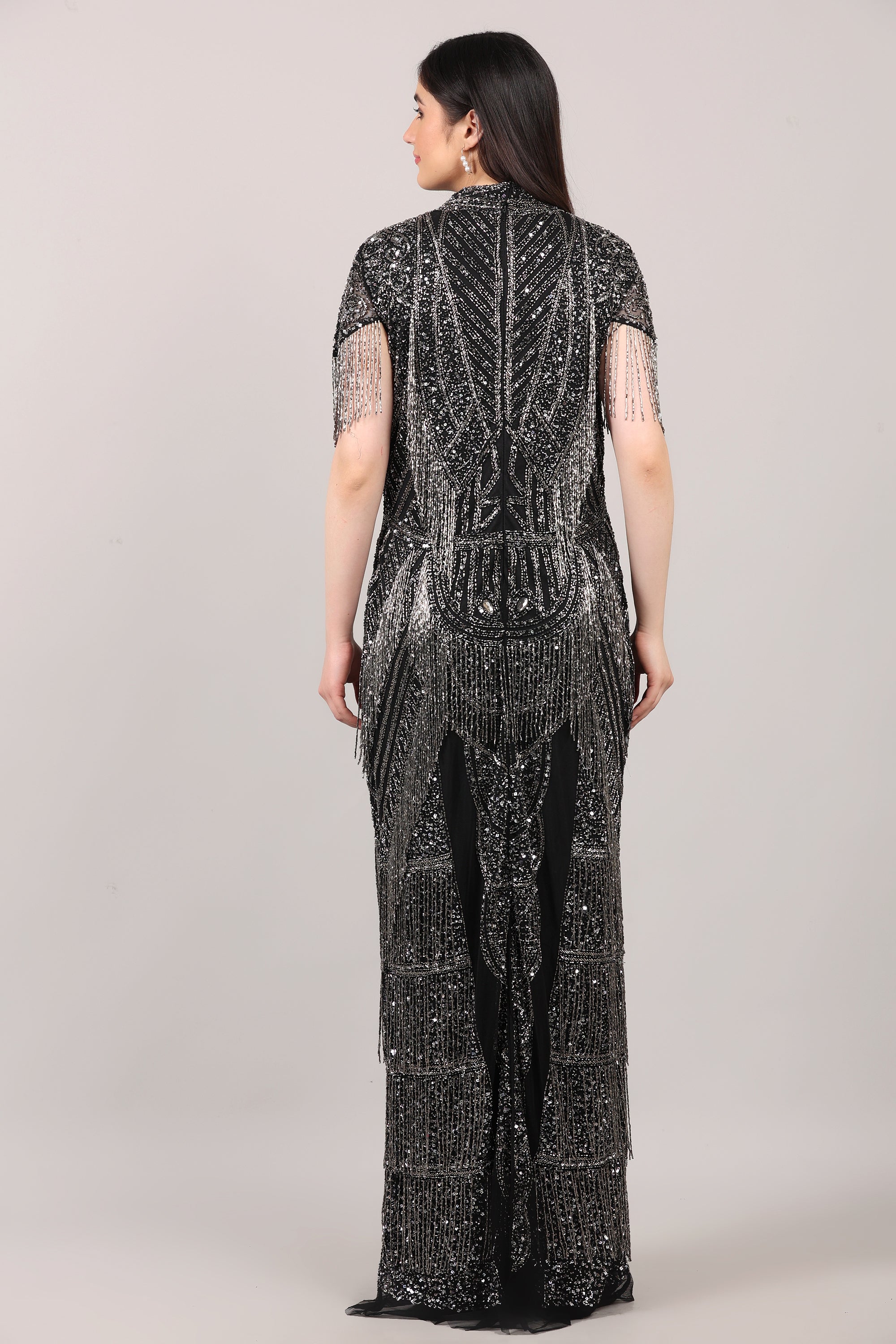 Black Heavy Hand-Embroidered Couture Evening Gown