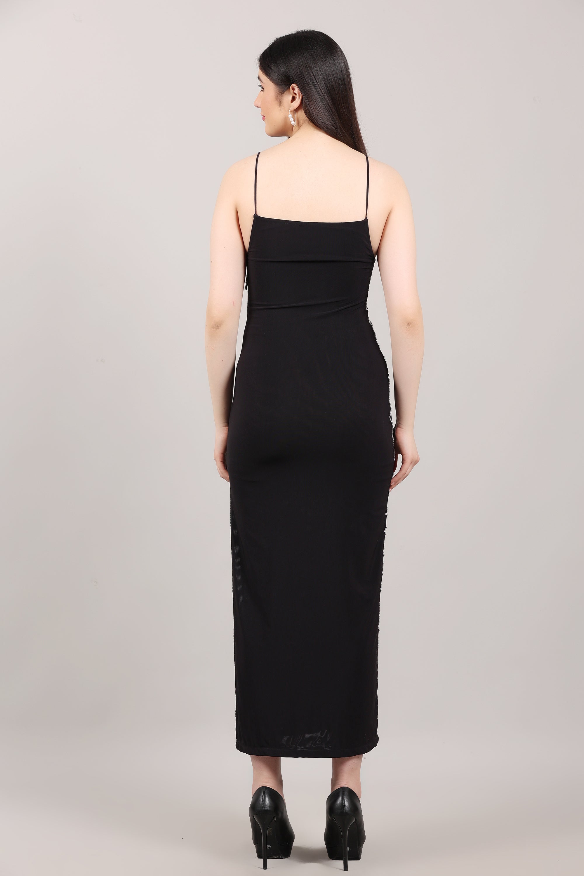 Black Lycra Embellished Side-Slit Calf Length Dress