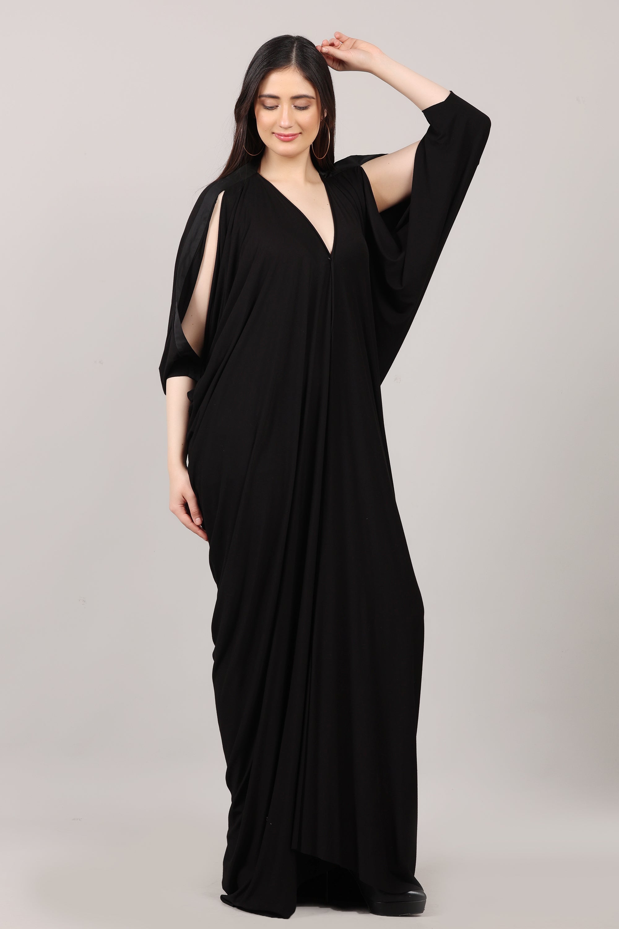 Solid Black Lycra V-Neck Kaftan Dress with Sleeve Slit Design