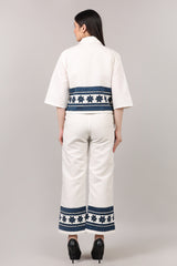 Off-White Hand Block Printed Cotton Linen Co-Ord Set with Katha Embroidery