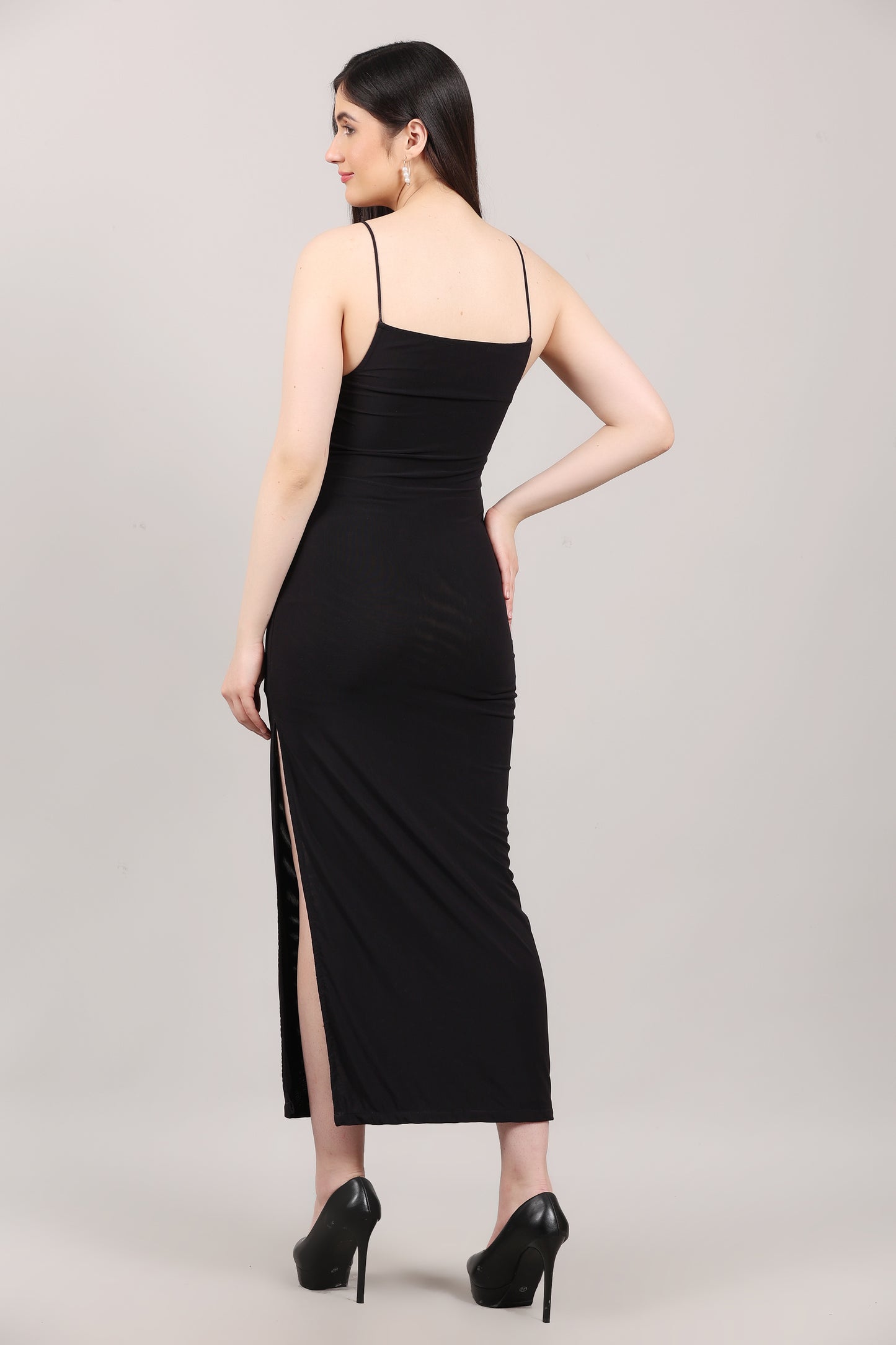 Black Lycra Embellished Side-Slit Calf Length Dress