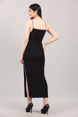 Black Lycra Embellished Side-Slit Calf Length Dress