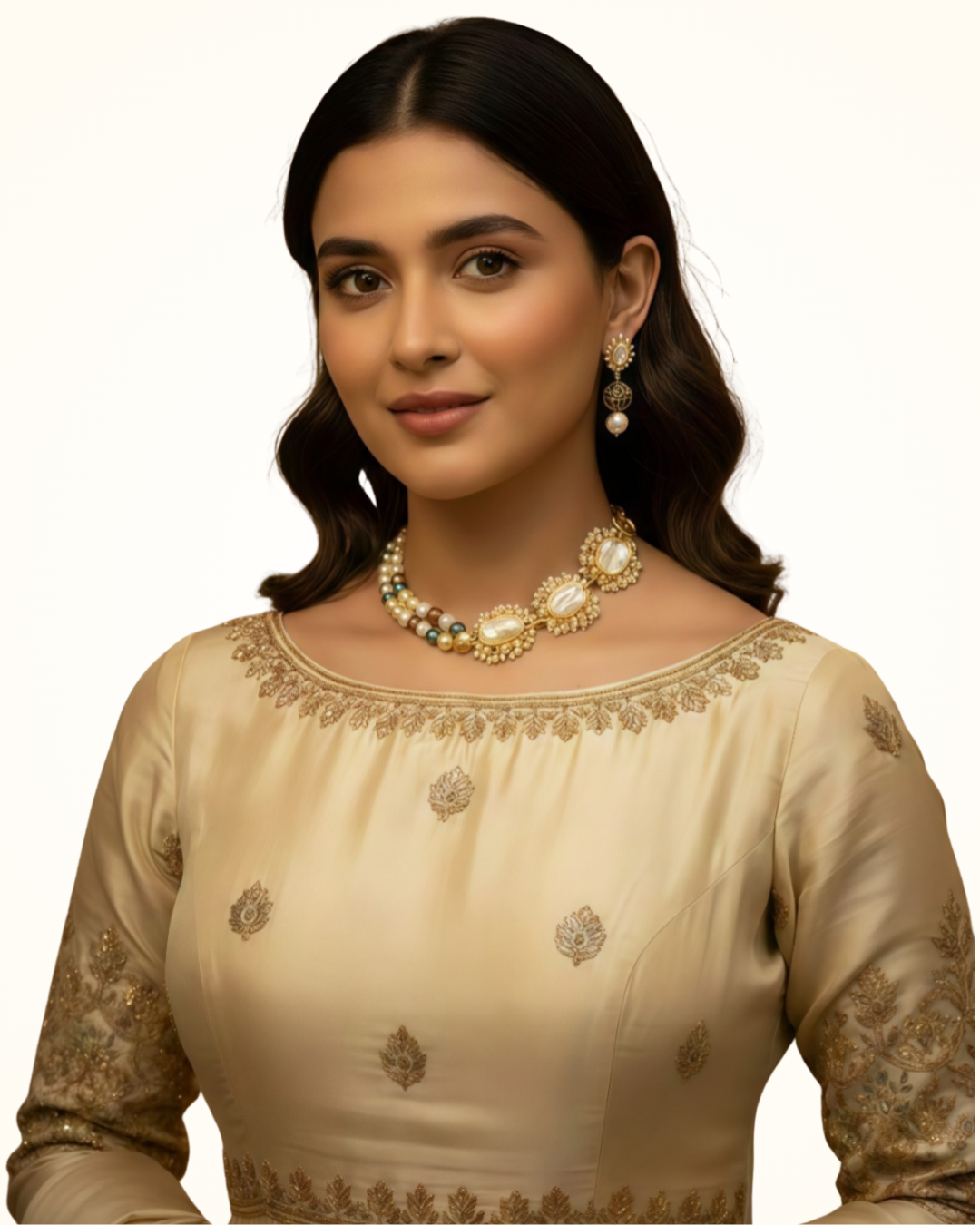 Gold Finish Pearl & Stone Necklace with Matching Earrings | Elegant Designer Jewelry Set for Women