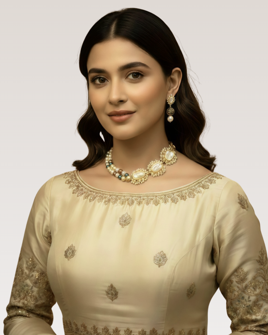 Gold Finish Pearl & Stone Necklace with Matching Earrings | Elegant Designer Jewelry Set for Women