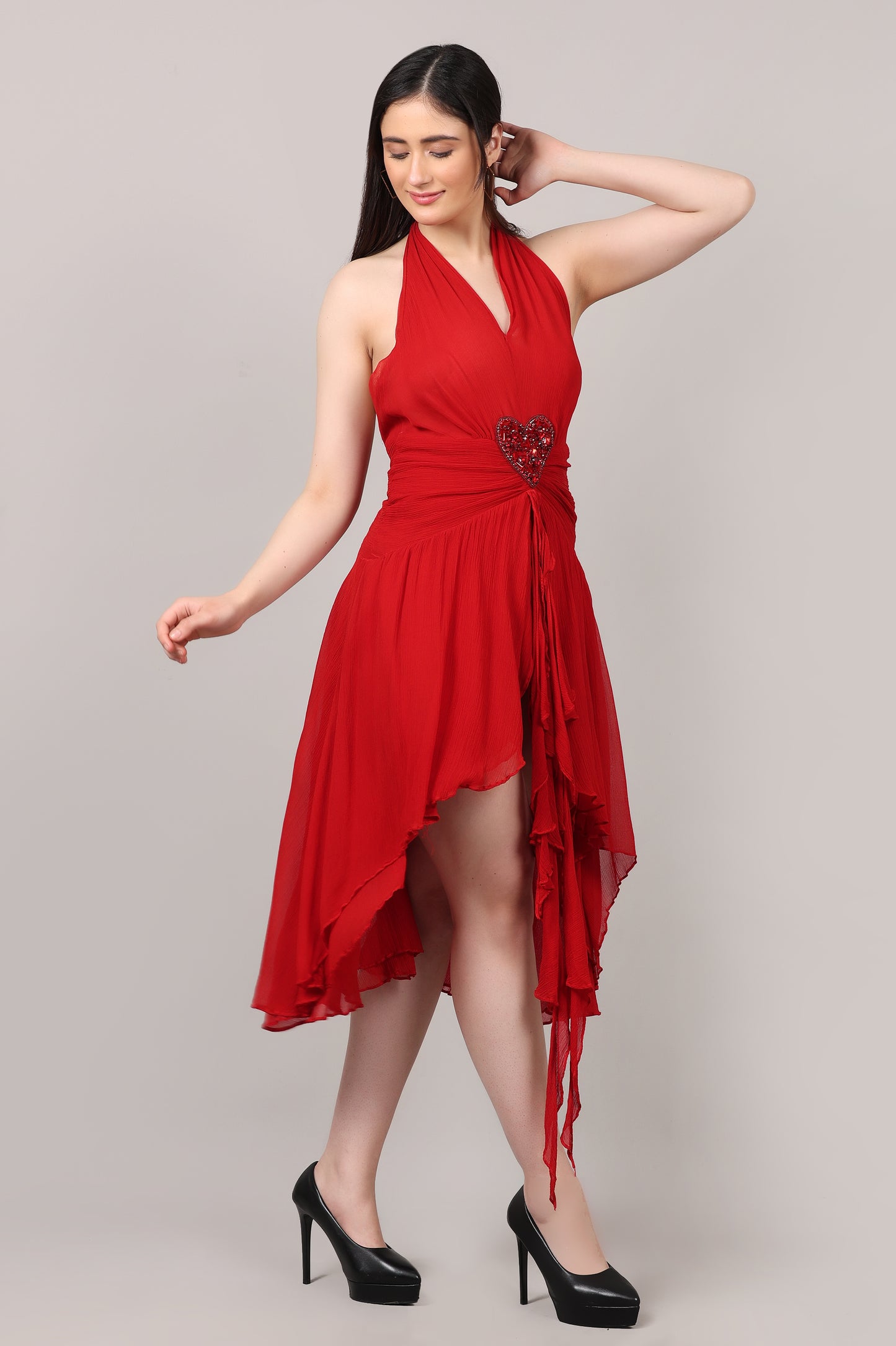 Red Backless V-Neck Hand-Embellished Heart Brooch Chiffon Dress