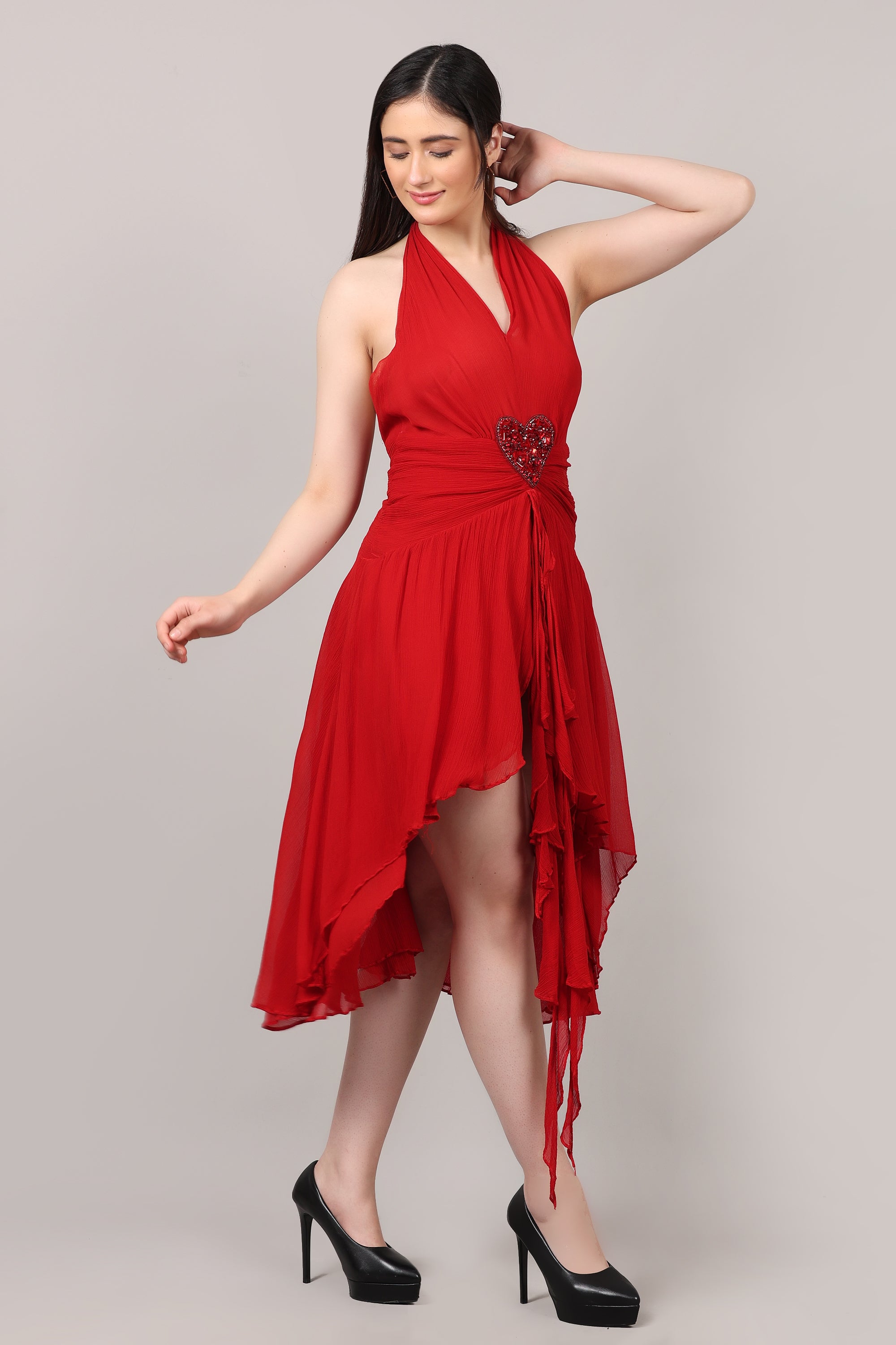 Red Backless V-Neck Hand-Embellished Heart Brooch Chiffon Dress