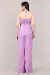 Lavender Cotton Linen Scallop Design Co-Ord Set with Backless Halter Top