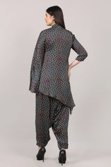 Black Printed Modal Satin Asymmetrical Co-Ord Set