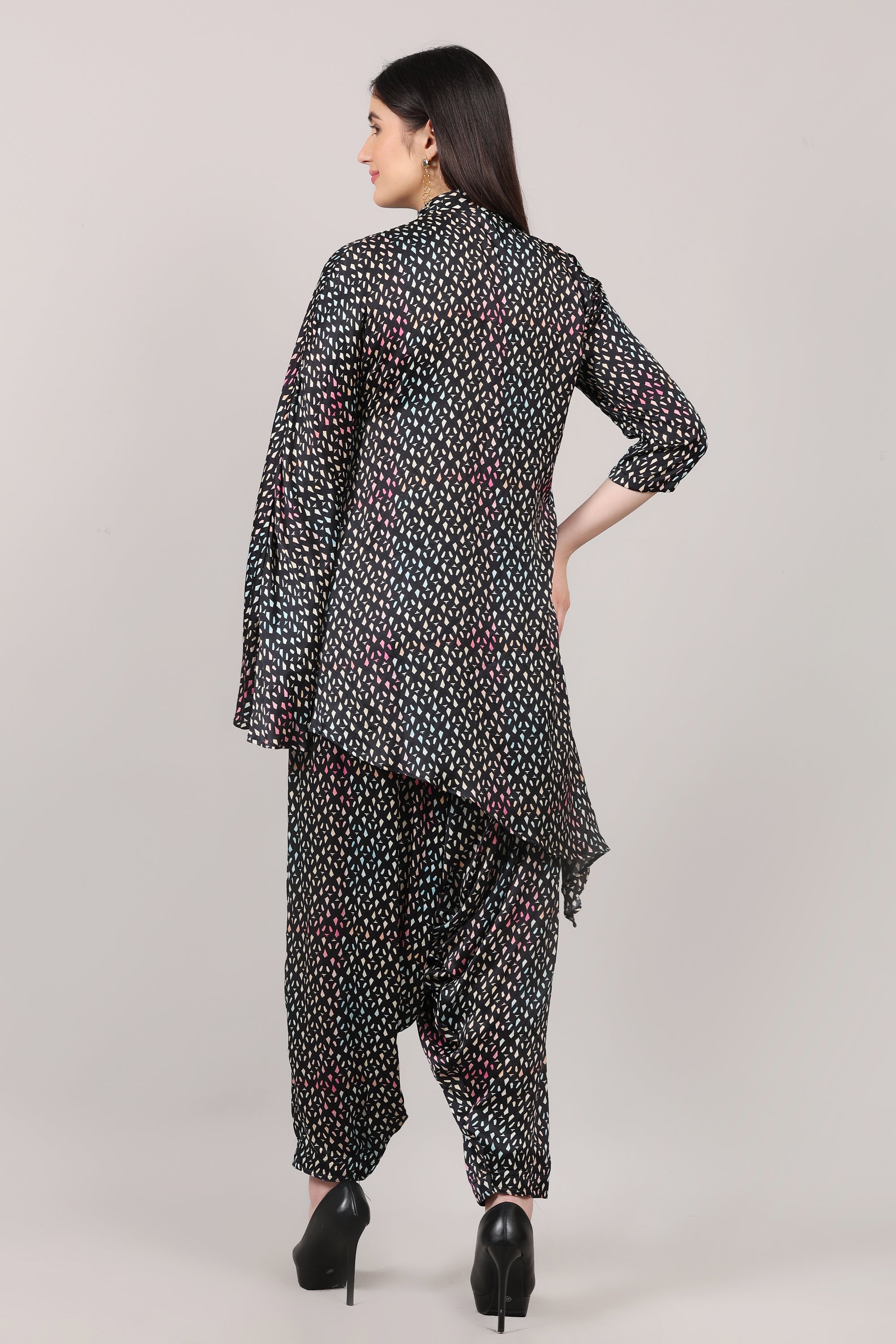 Black Printed Modal Satin Asymmetrical Co-Ord Set