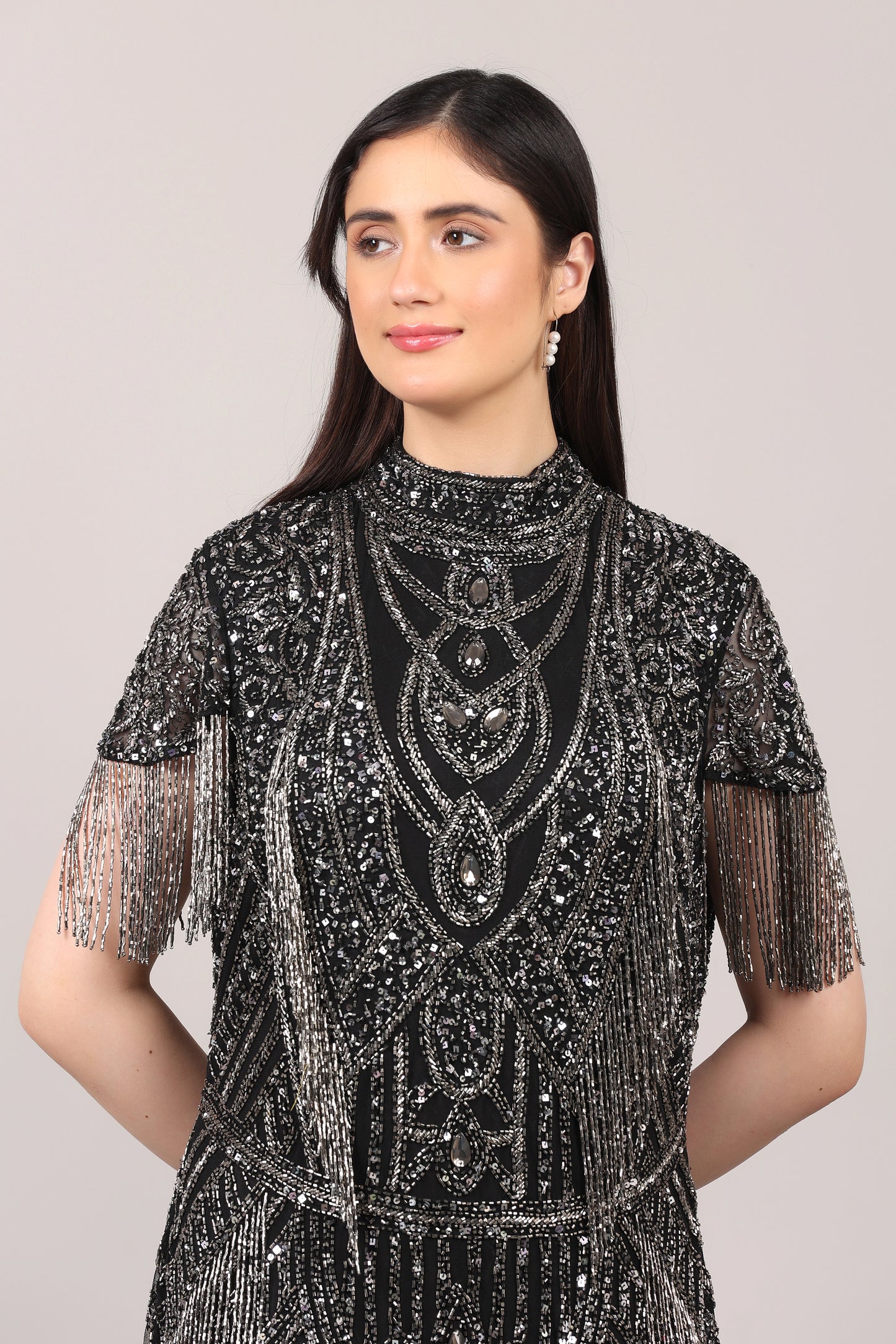 Black Heavy Hand-Embroidered Couture Evening Gown