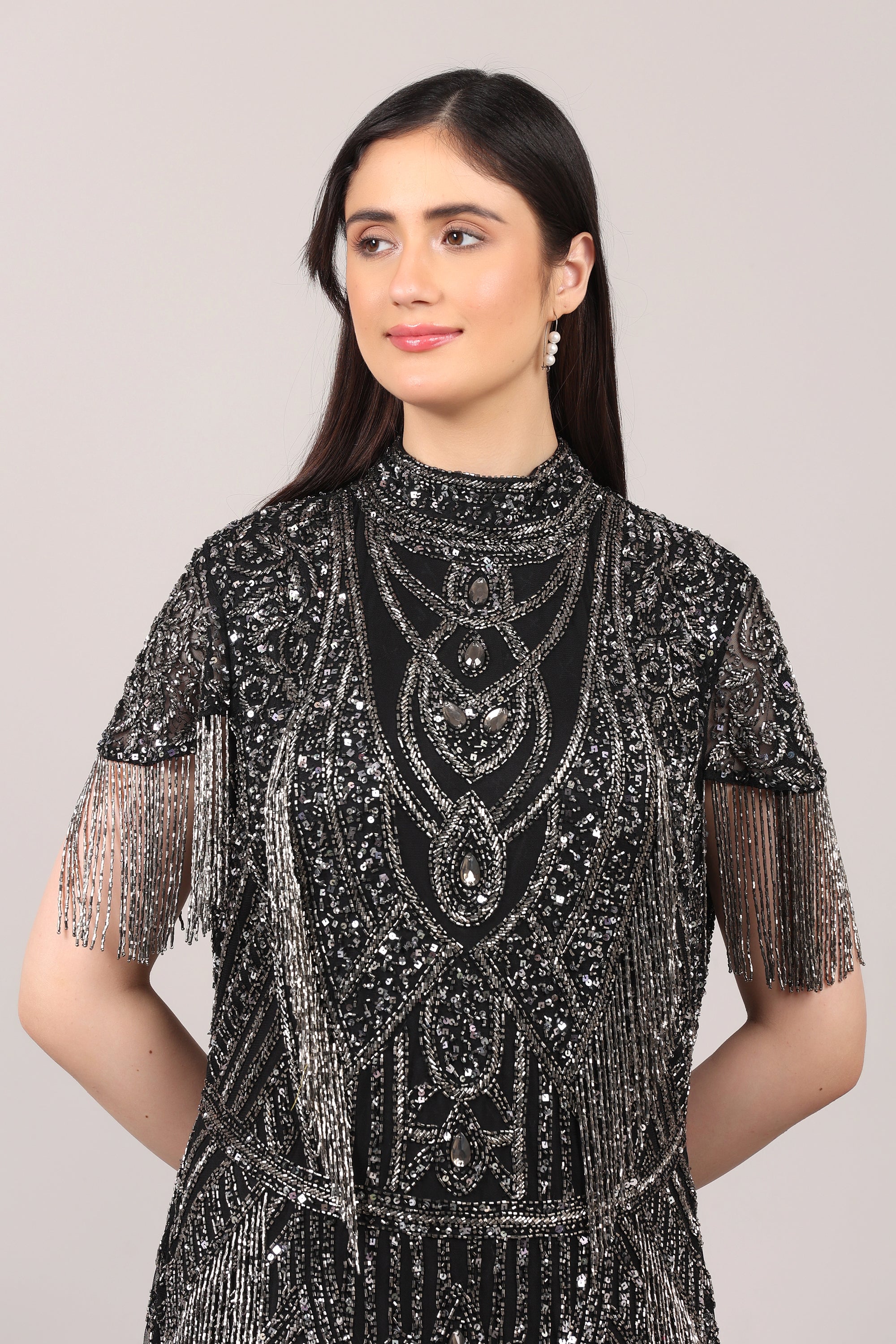 Black Heavy Hand-Embroidered Couture Evening Gown