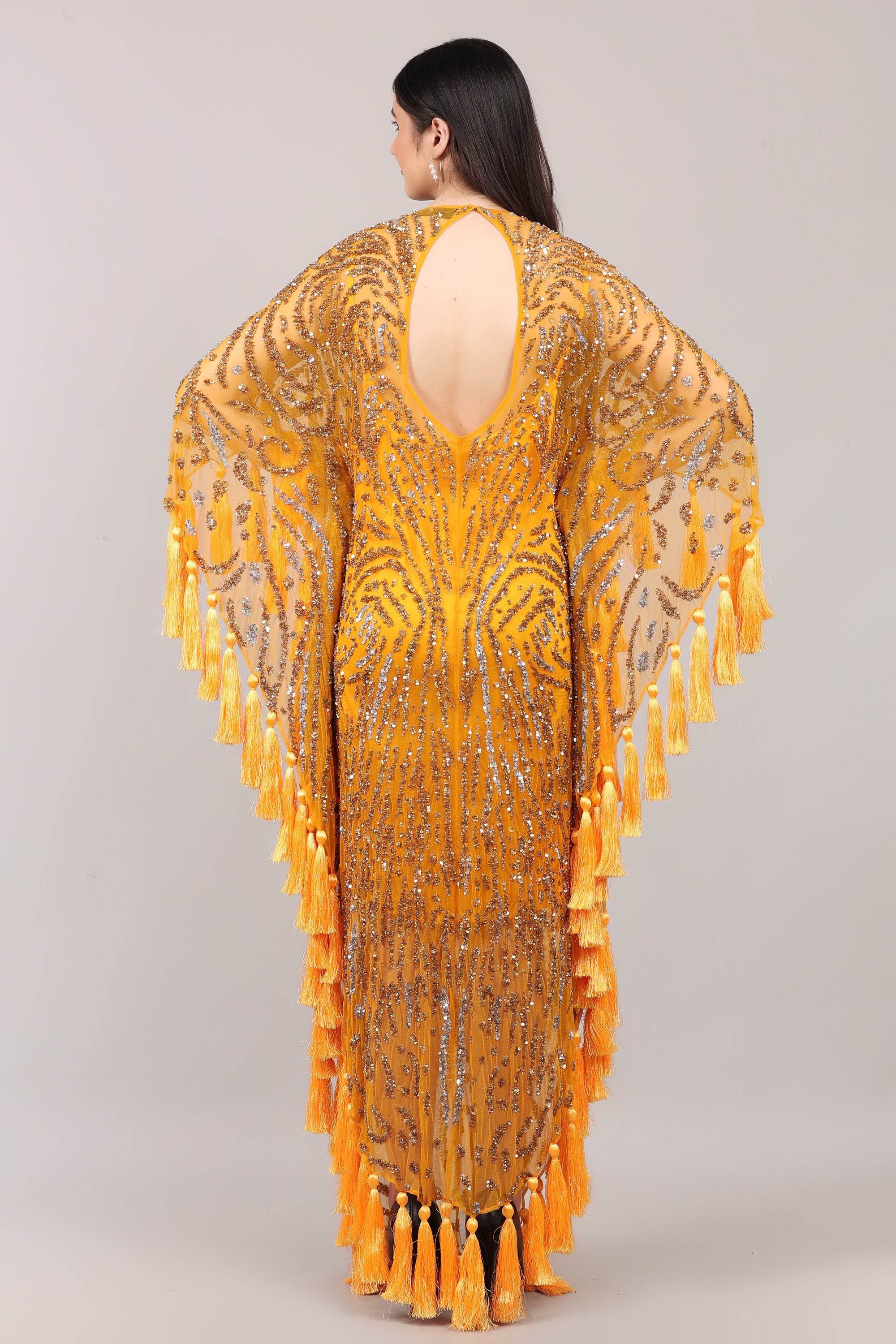 Mustard Hand-Embellished Couture Kaftan with Tassel Detailing