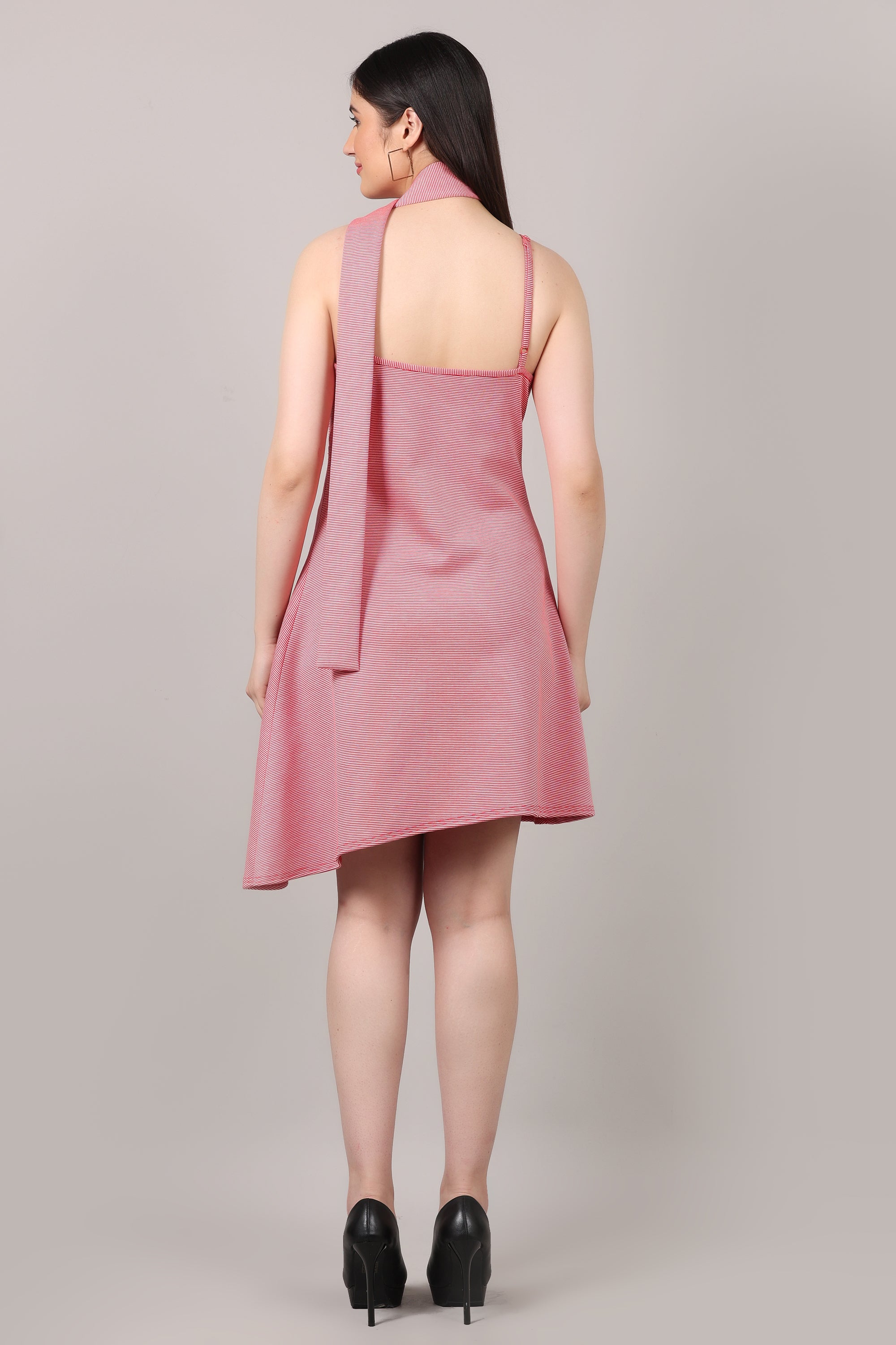 Red Stripe Print High-Low Dress with Multi-Styling Belt
