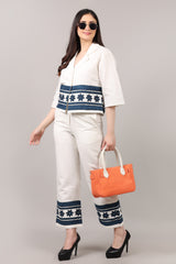 Off-White Hand Block Printed Cotton Linen Co-Ord Set with Katha Embroidery