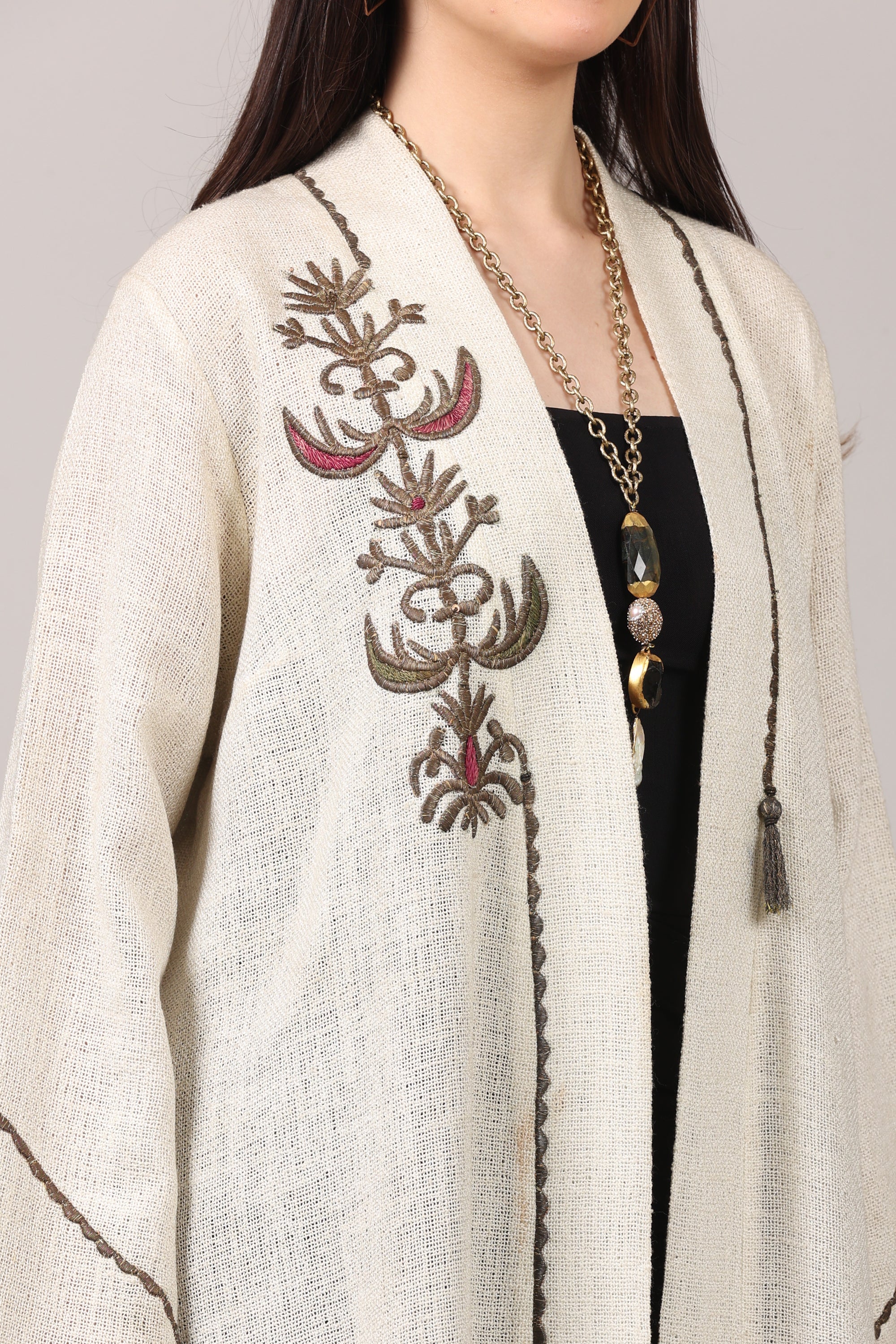 Ivory Elegance Cotton Embroidered Long Shrug