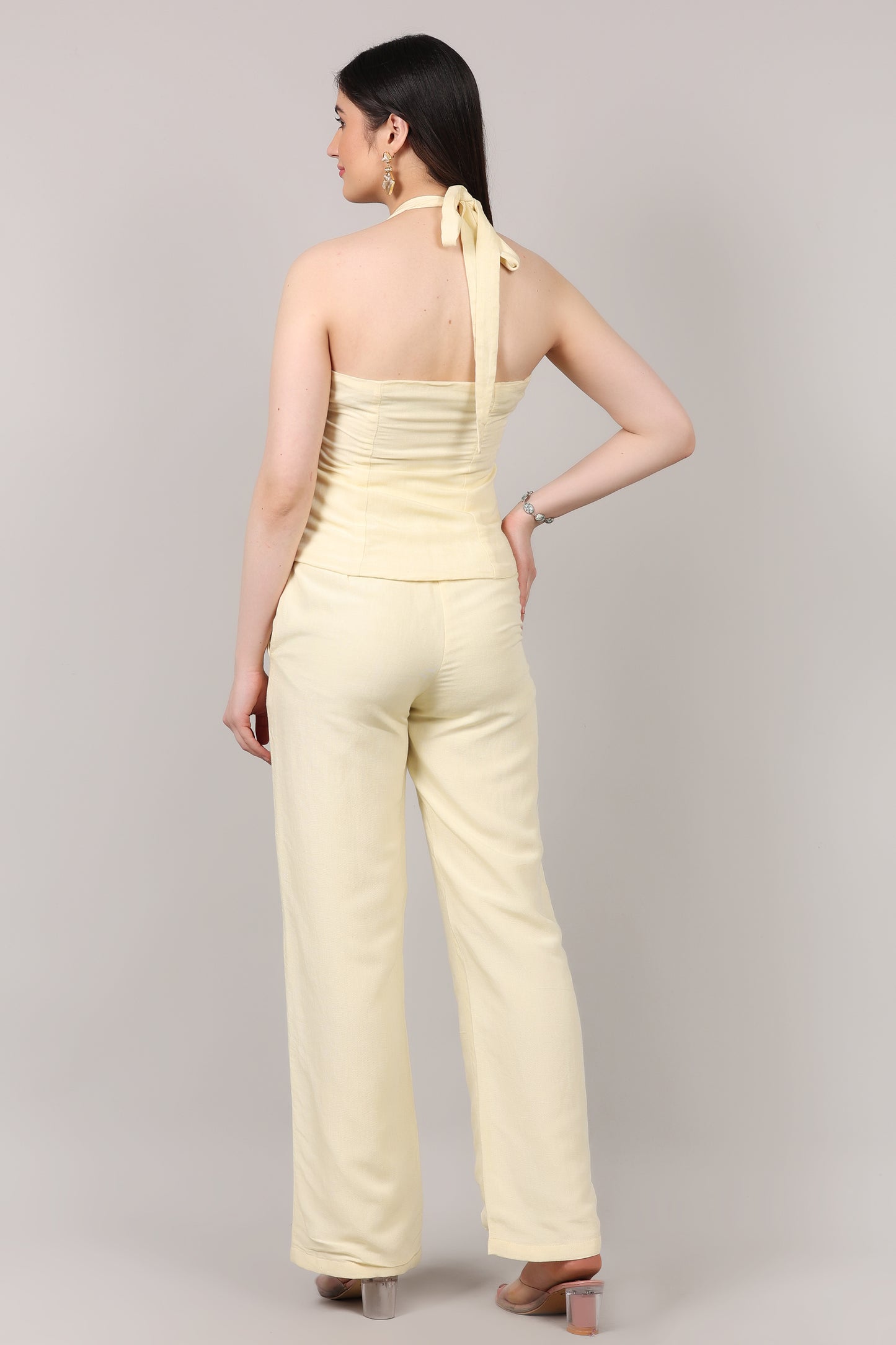 Cotton Linen U-Neck Tie-Back Top & Straight Pants Co-Ord Set with Hand Embellished Placket