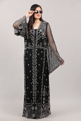 Black Hand-Embroidered Net Couture Kaftan with Bell Sleeves