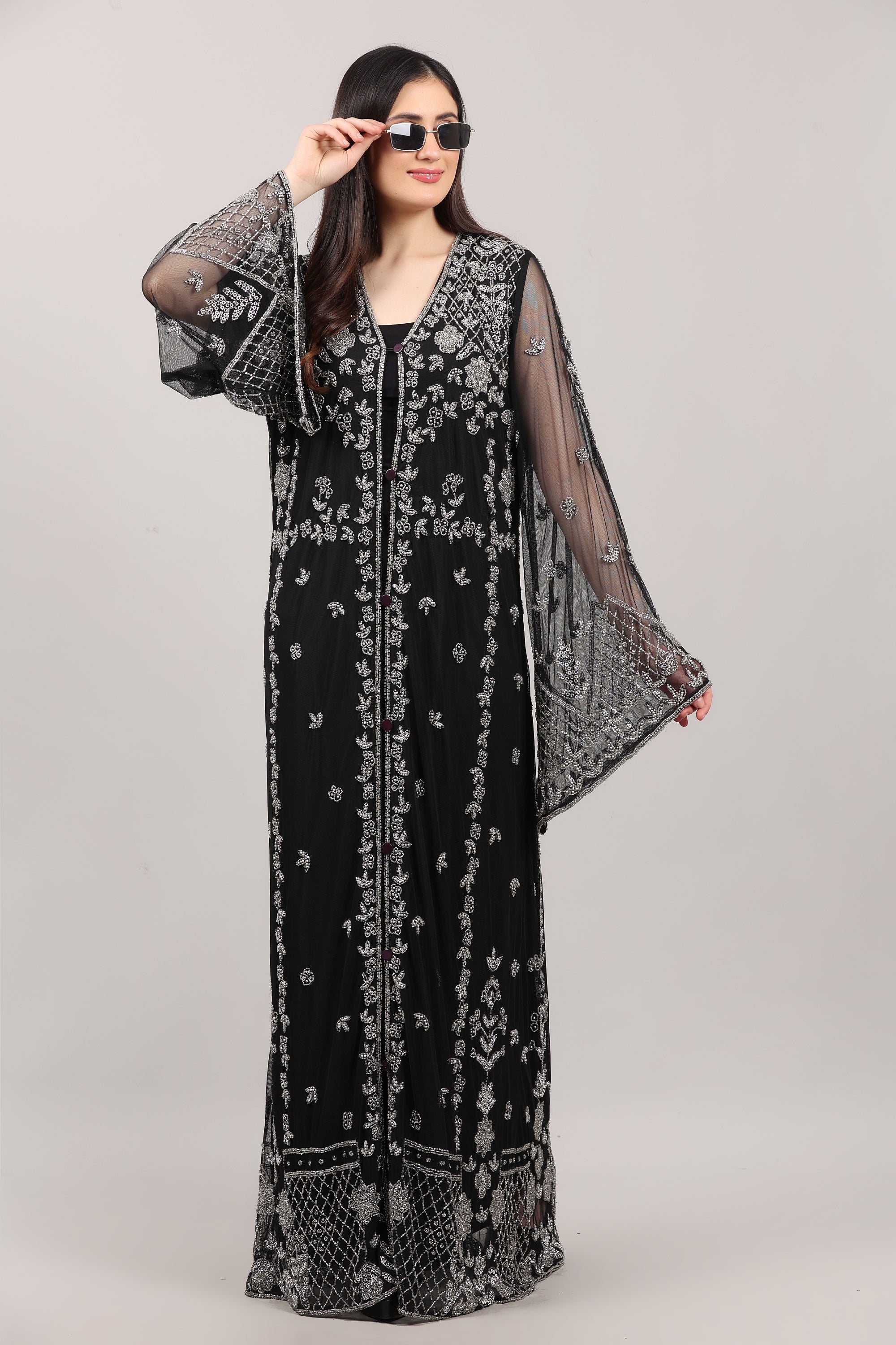 Black Hand-Embroidered Net Couture Kaftan with Bell Sleeves