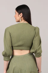 Organic Cotton Front-Knot Puff Sleeve Crop Top