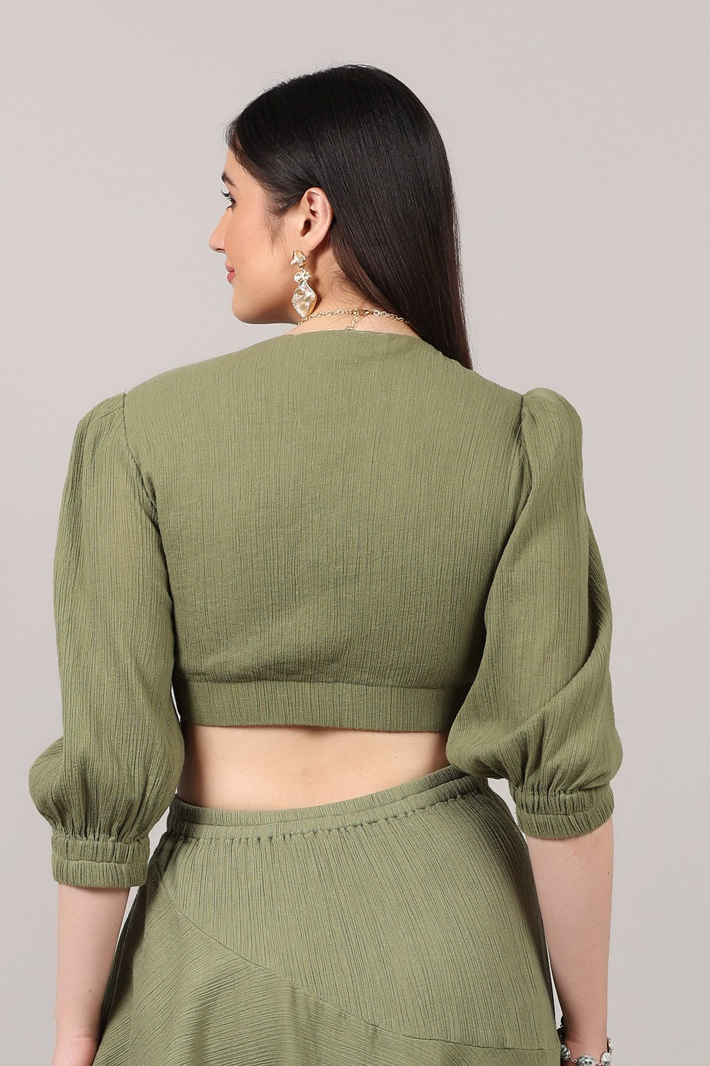 Organic Cotton Front-Knot Puff Sleeve Crop Top
