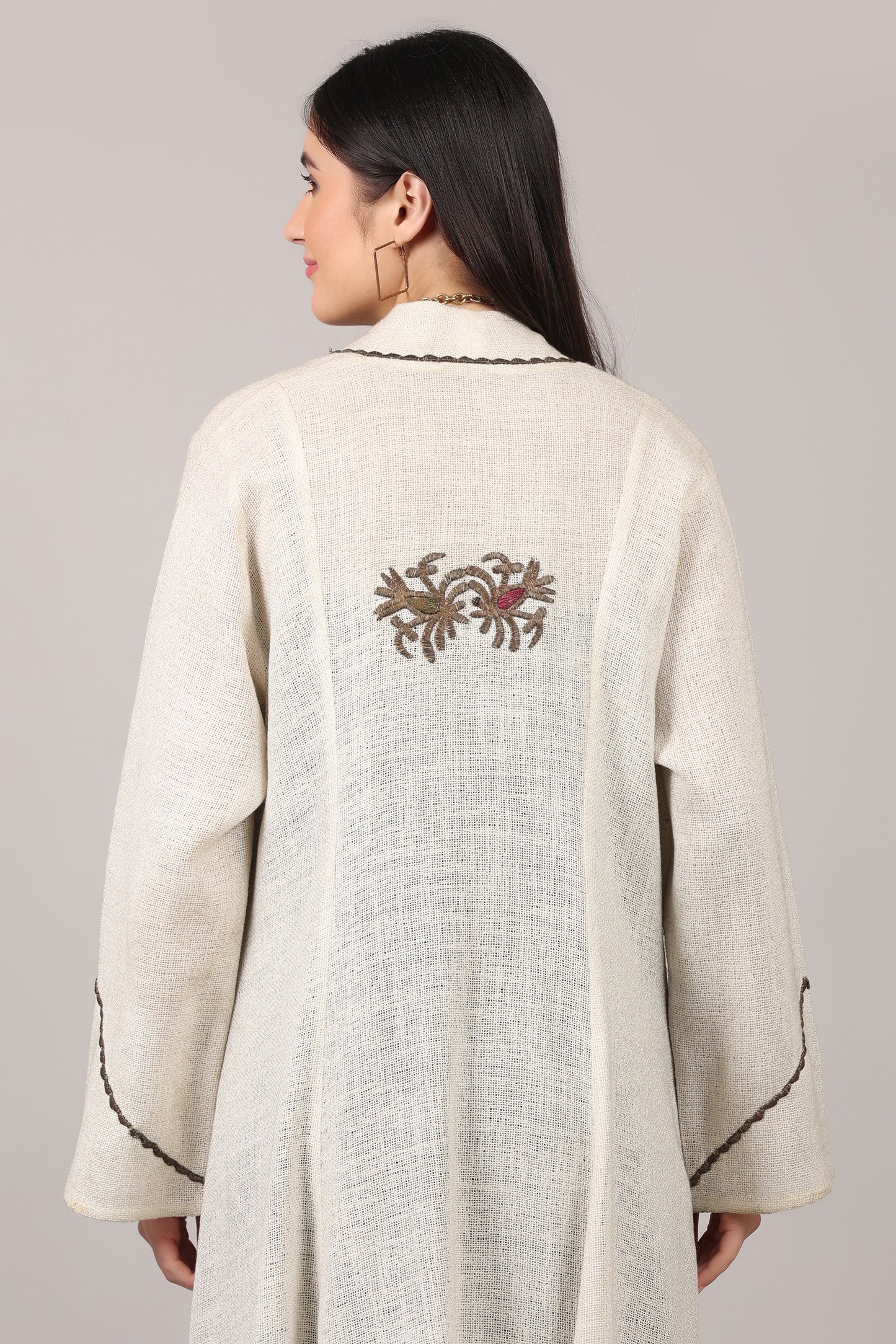 Ivory Elegance Cotton Embroidered Long Shrug