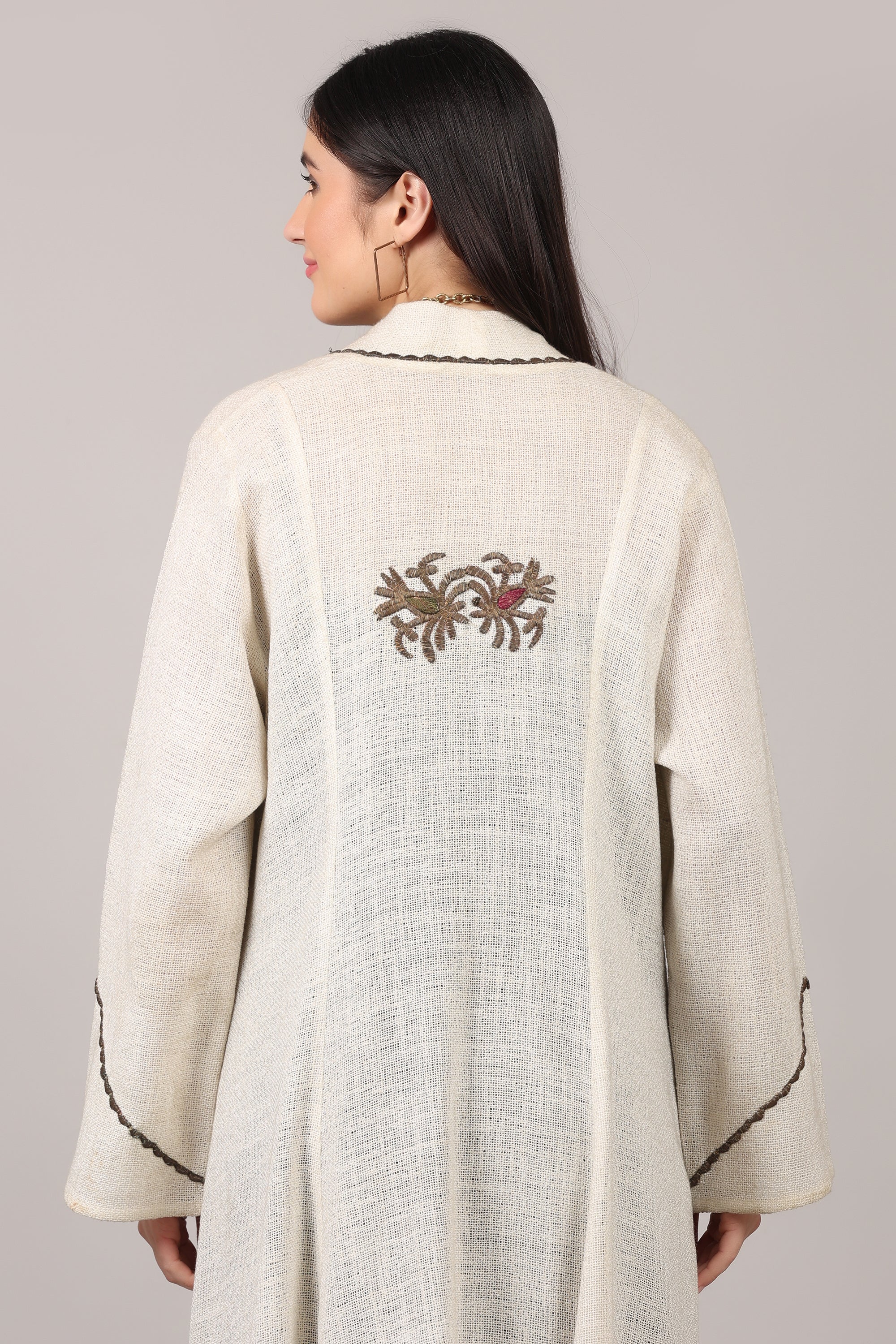 Ivory Elegance Cotton Embroidered Long Shrug