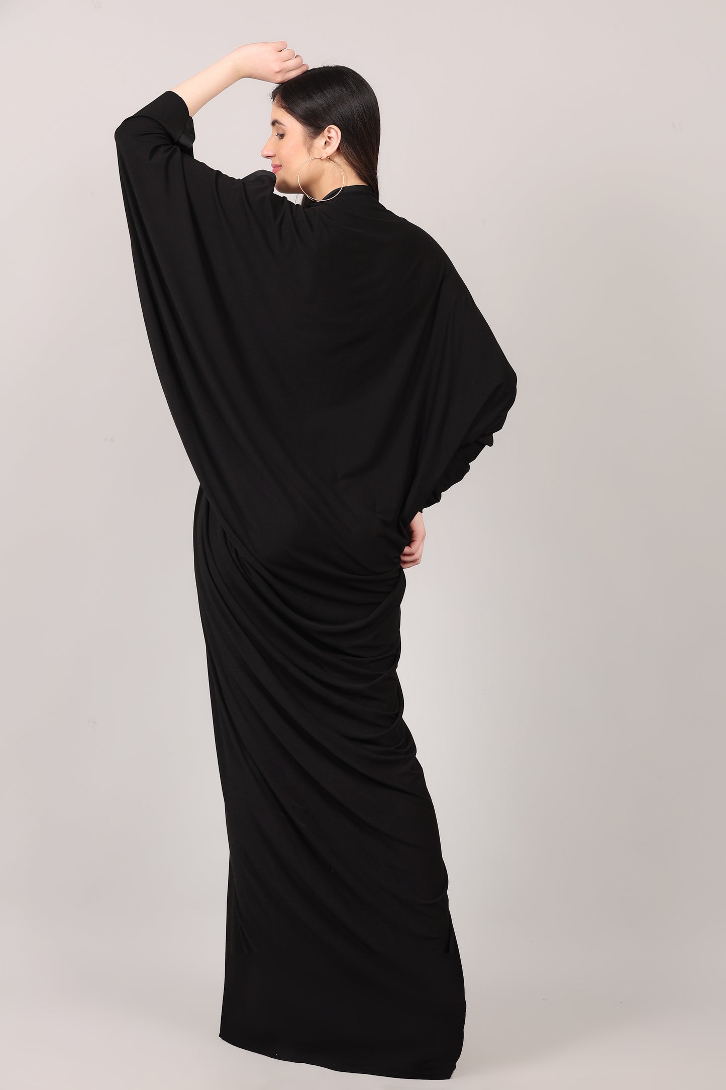 Solid Black Lycra V-Neck Kaftan Dress with Sleeve Slit Design