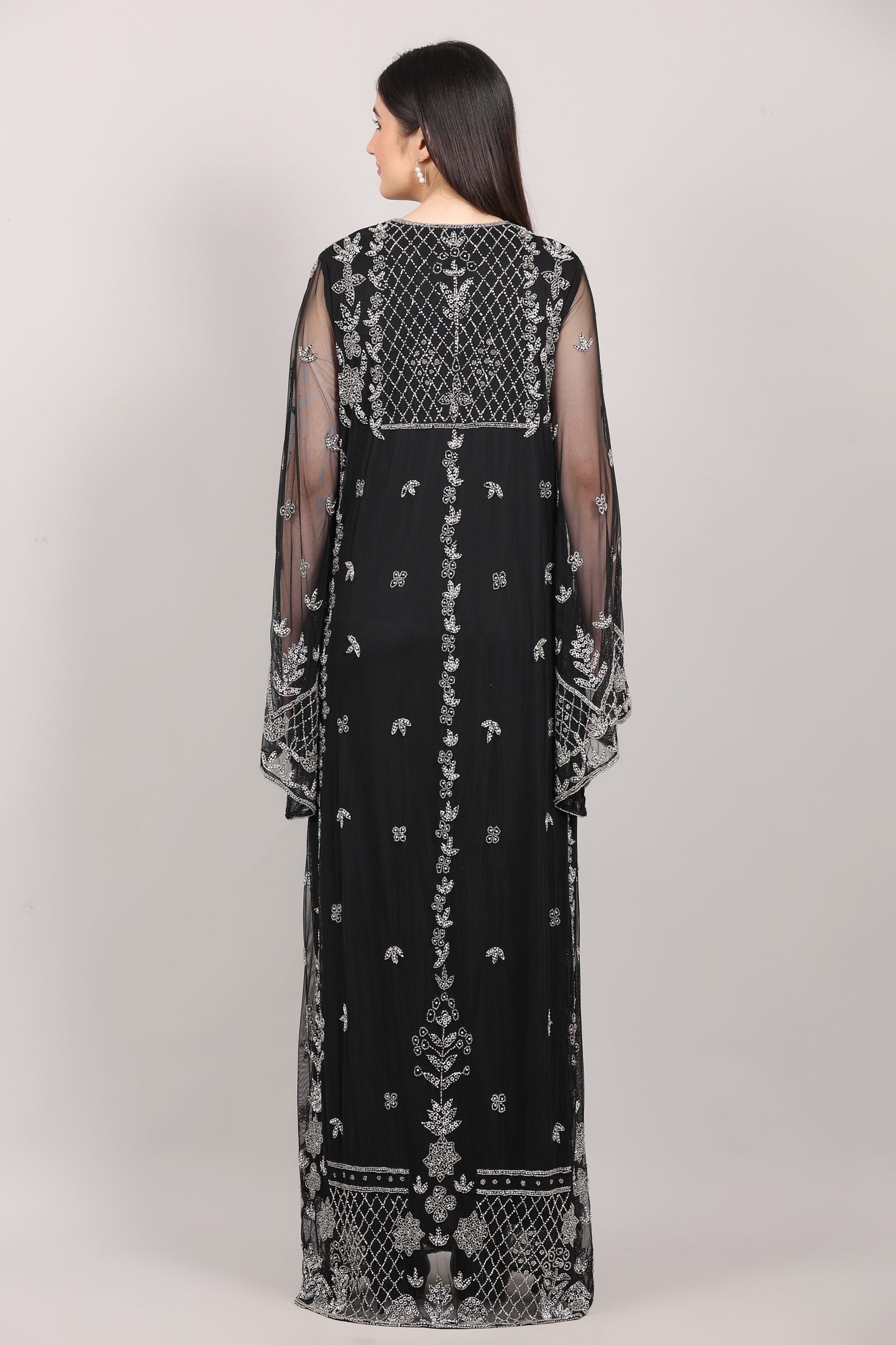 Black Hand-Embroidered Net Couture Kaftan with Bell Sleeves