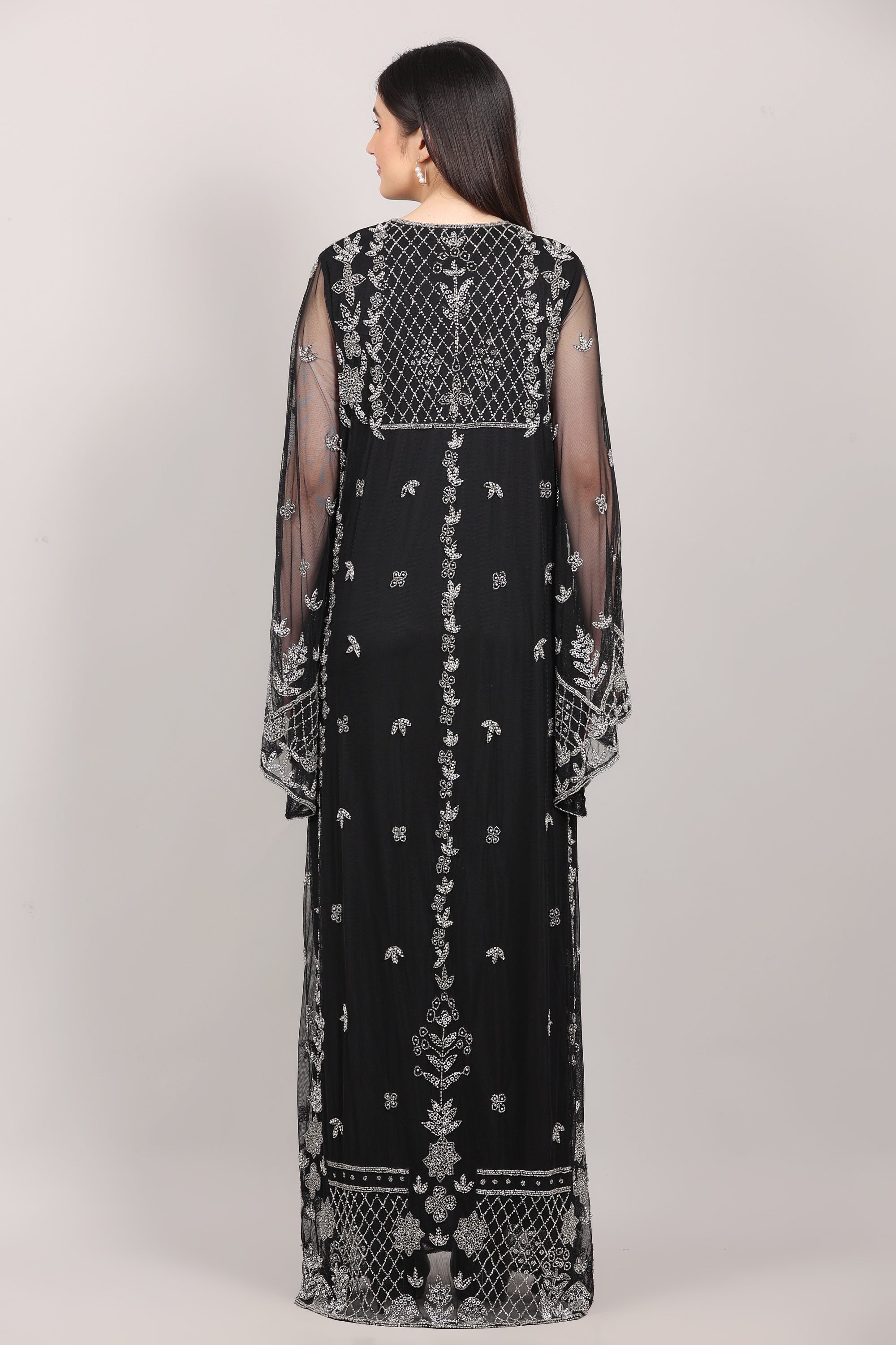 Black Hand-Embroidered Net Couture Kaftan with Bell Sleeves
