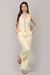 Cotton Linen U-Neck Tie-Back Top & Straight Pants Co-Ord Set with Hand Embellished Placket