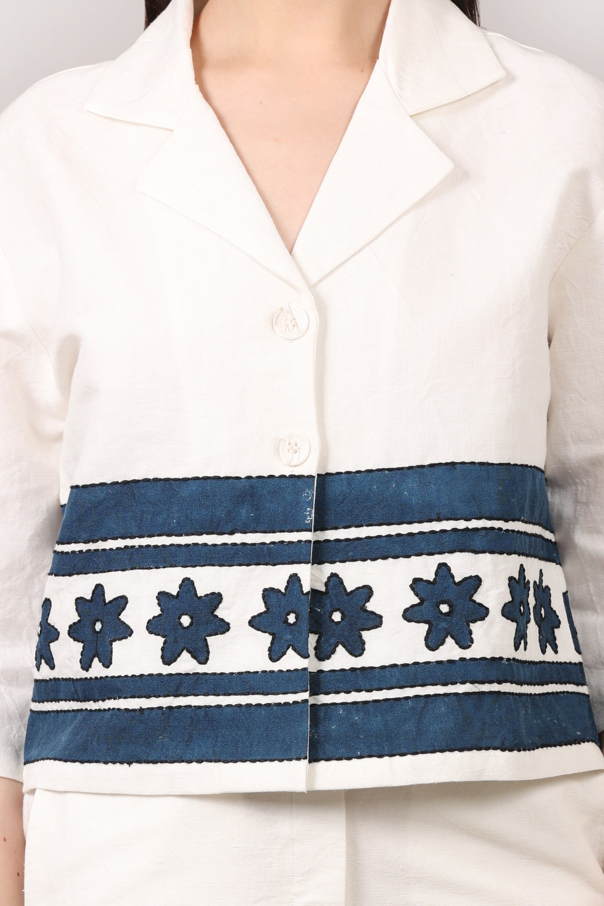Off-White Hand Block Printed Cotton Linen Co-Ord Set with Katha Embroidery
