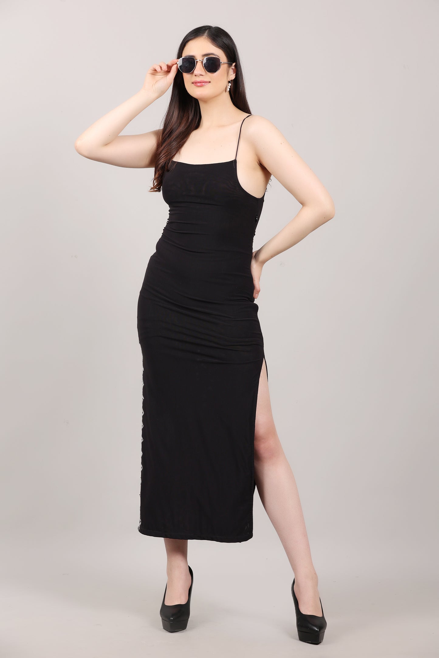 Black Lycra Embellished Side-Slit Calf Length Dress