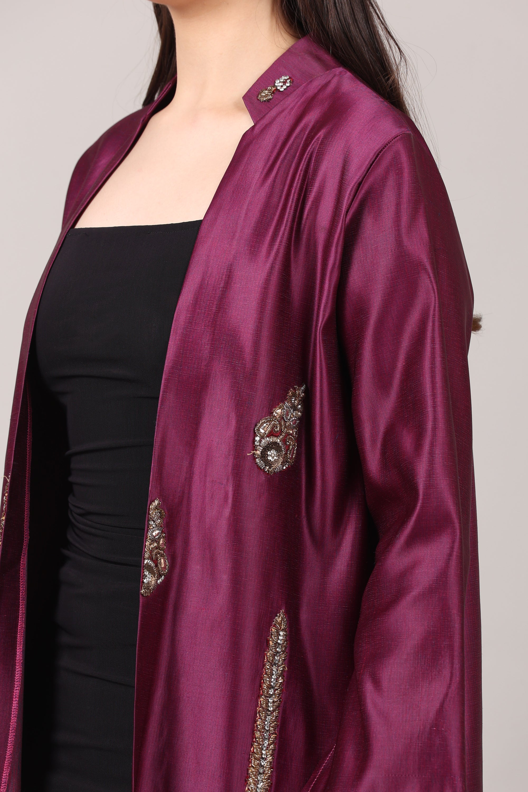 Royal Wine Embroidered Long Shrug