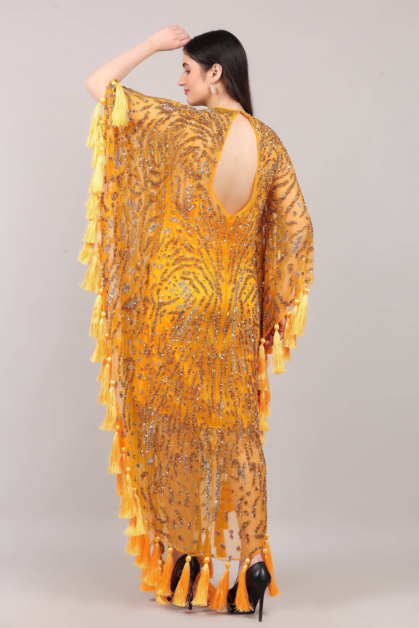 Mustard Hand-Embellished Couture Kaftan with Tassel Detailing