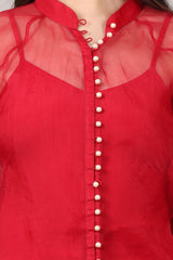 Red Silk Organza Pearl Button Shirt with Lycra Cami