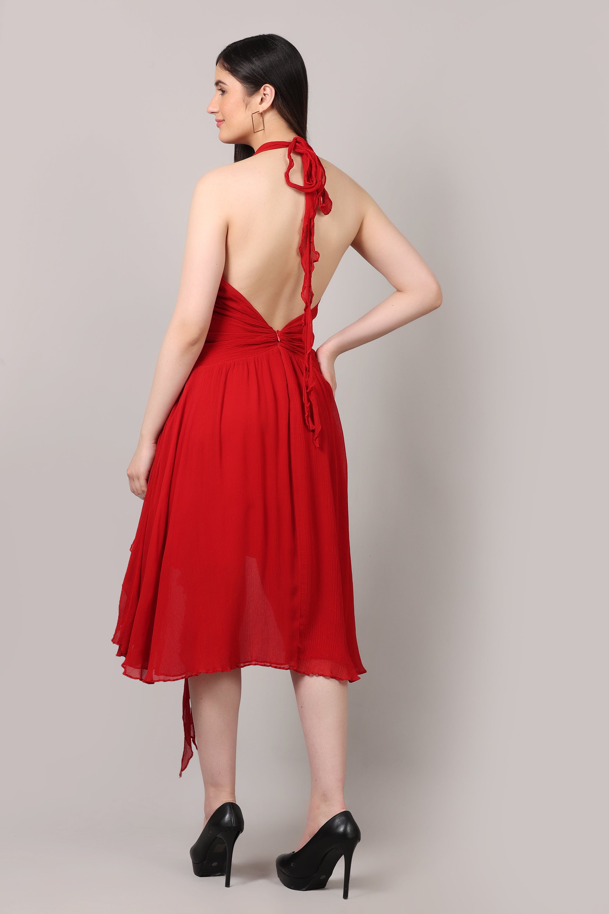 Red Backless V-Neck Hand-Embellished Heart Brooch Chiffon Dress