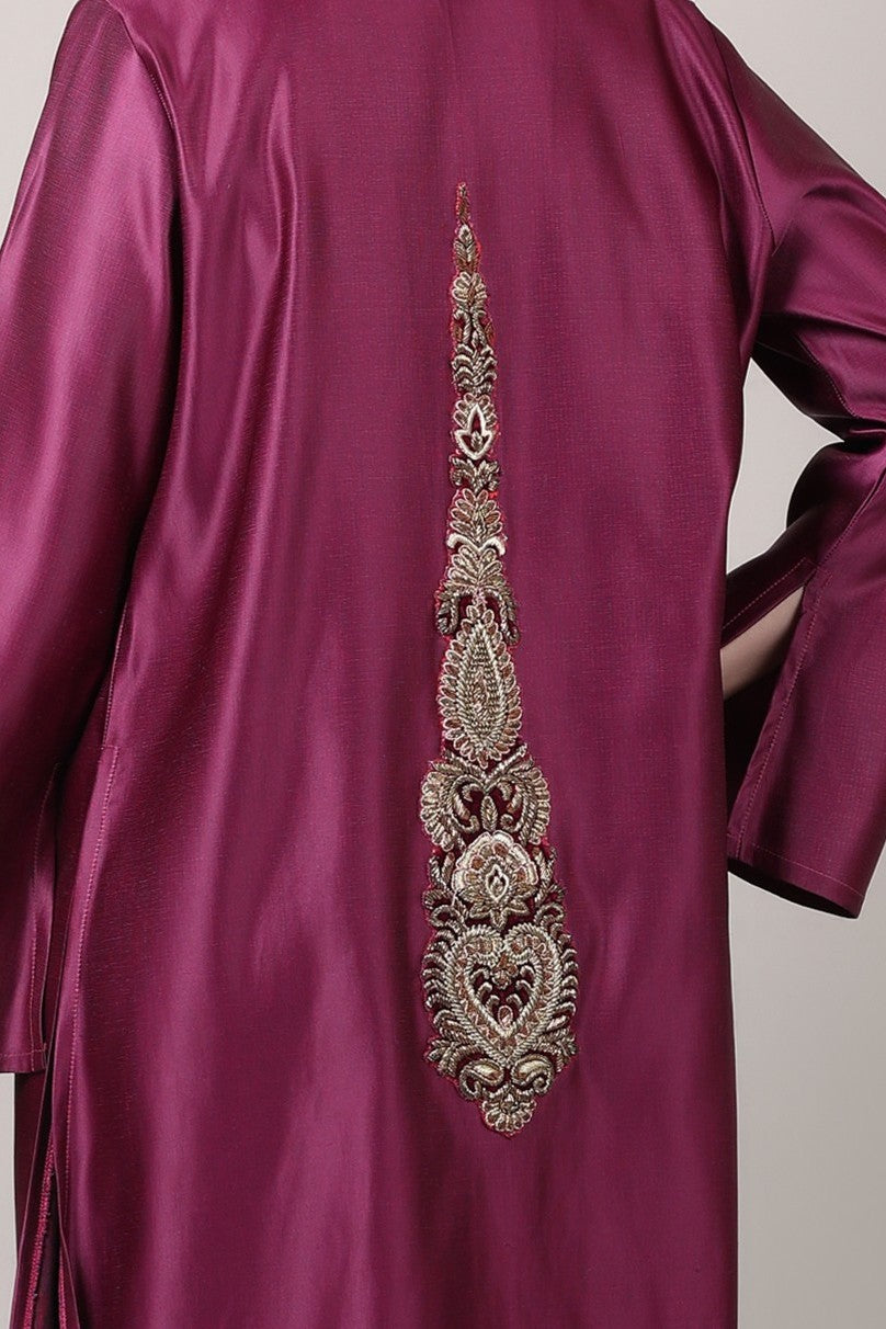 Royal Wine Embroidered Long Shrug