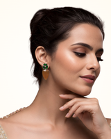 Emerald Green & Gold Drop Earrings with Ivory Accent | Elegant Festive Statement Earrings