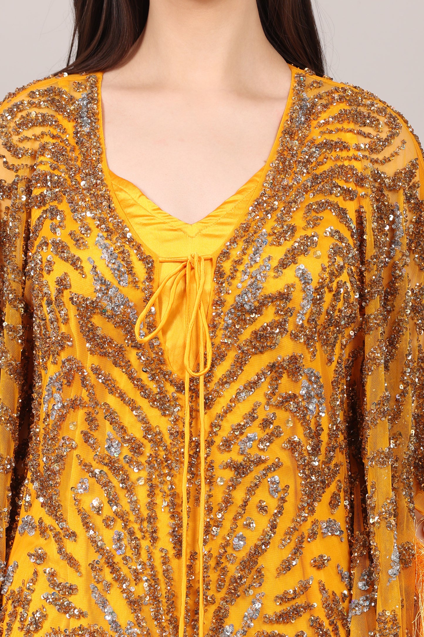 Mustard Hand-Embellished Couture Kaftan with Tassel Detailing