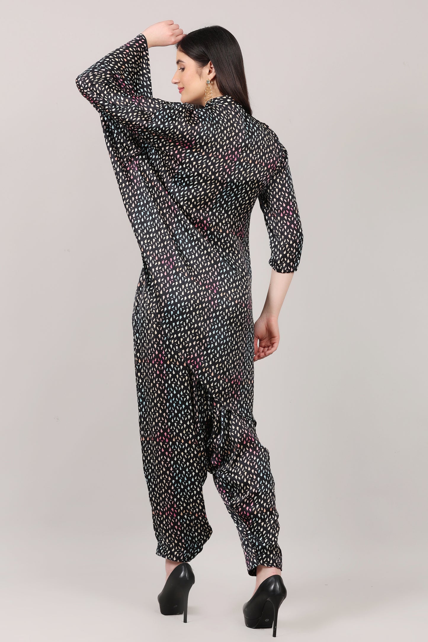 Black Printed Modal Satin Asymmetrical Co-Ord Set