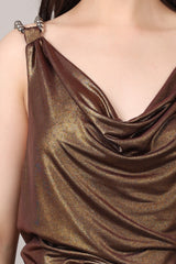 Wine & Gold Metallic Cowl Neck Pearl Strap Top
