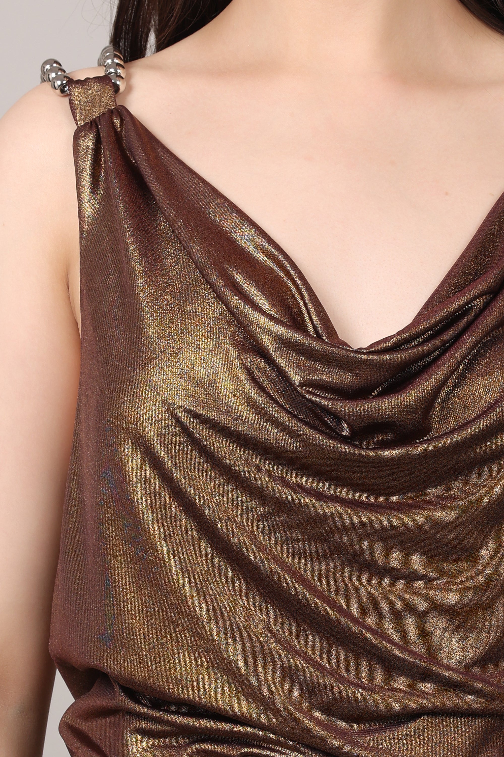 Wine & Gold Metallic Cowl Neck Pearl Strap Top