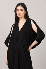 Solid Black Lycra V-Neck Kaftan Dress with Sleeve Slit Design