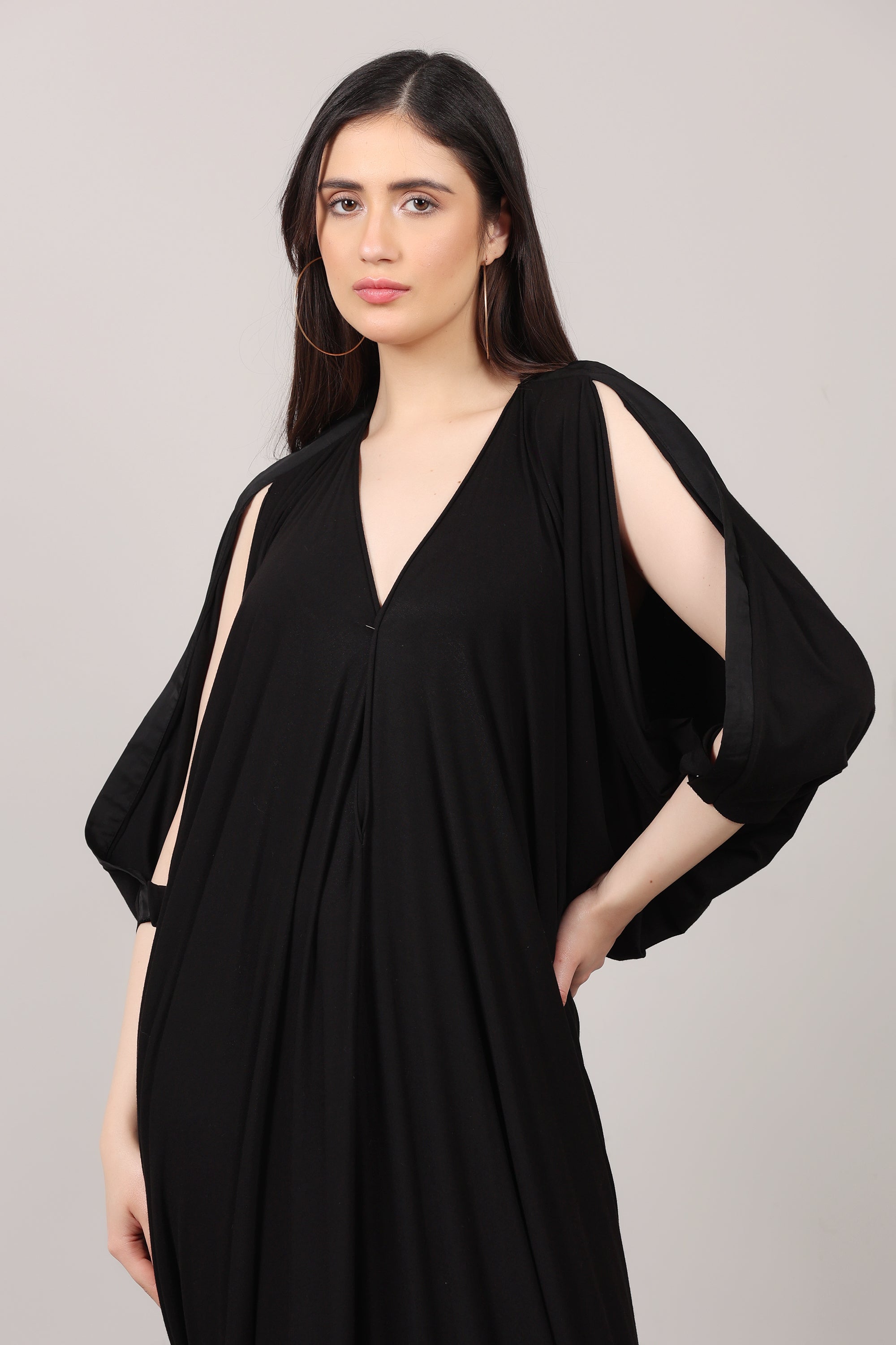 Solid Black Lycra V-Neck Kaftan Dress with Sleeve Slit Design