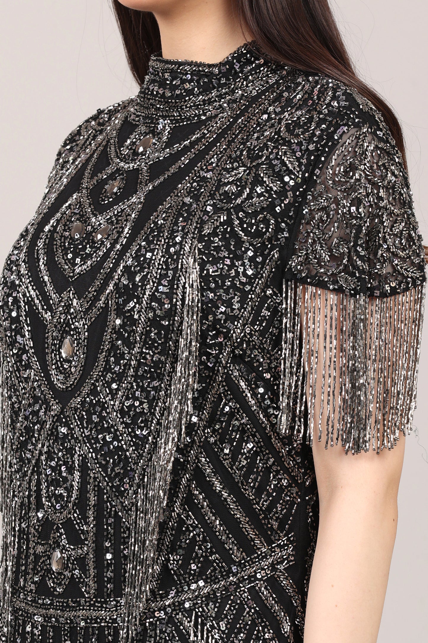 Black Heavy Hand-Embroidered Couture Evening Gown